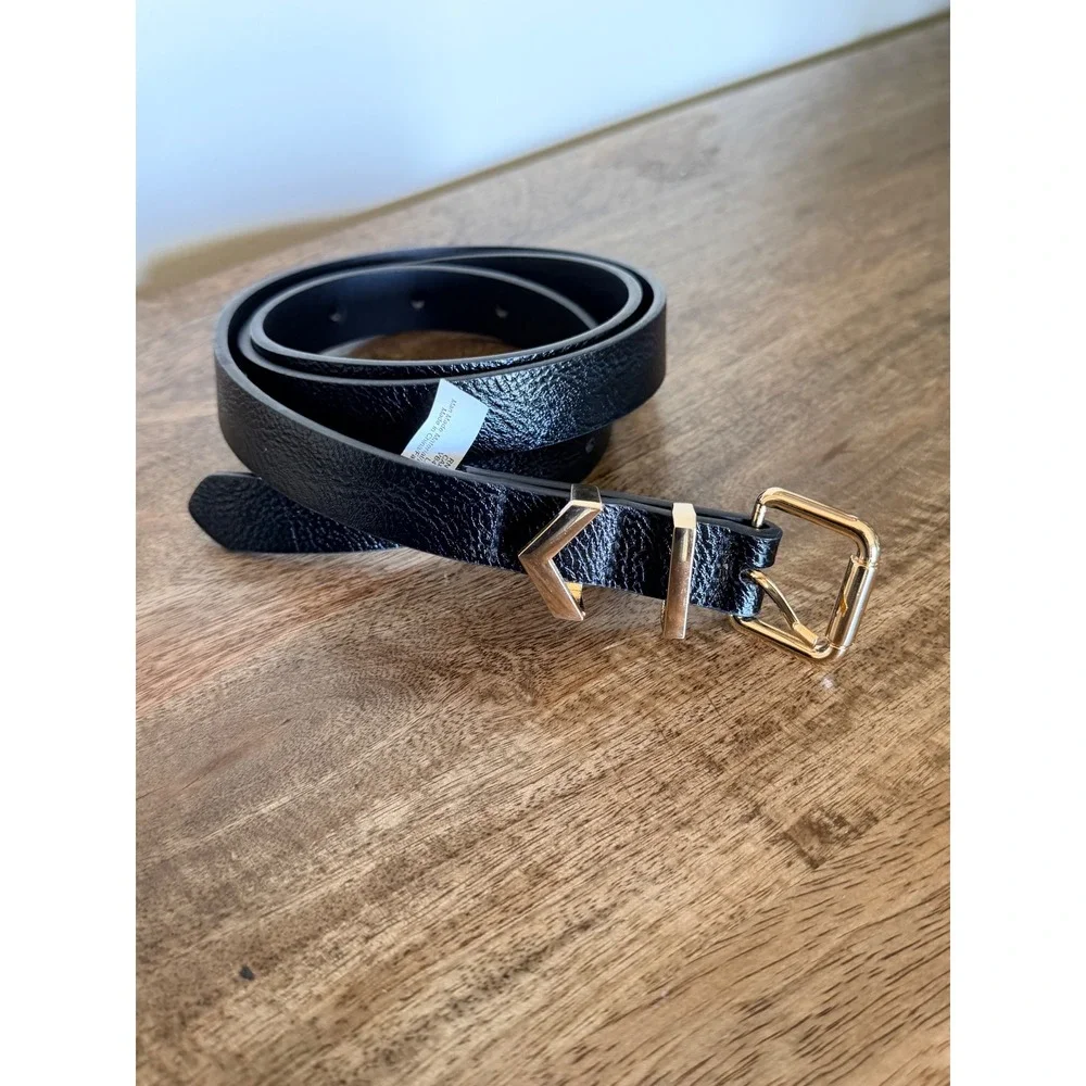 Vince Camuto Belt Women Large Black Gold Chevron Buckle Pebbled Faux Leather